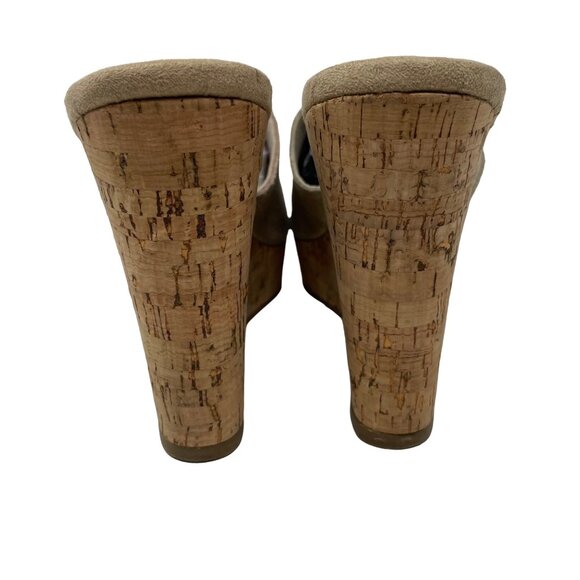 70 Post Paris Lainie Gold Leather Wedge Size 8.5 Open Toe Cork Heel - Picture 5 of 9